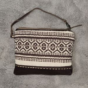 Elegant Bohemian Leather Brown and Cream Patterned Wristlet